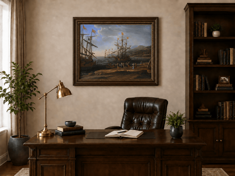 Peinture à l'huile de paysage - Bord de mer avec galions et personnages
