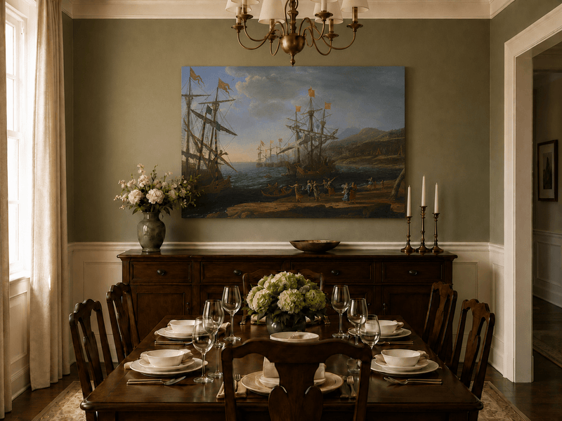 Peinture à l'huile de paysage - Bord de mer avec galions et personnages