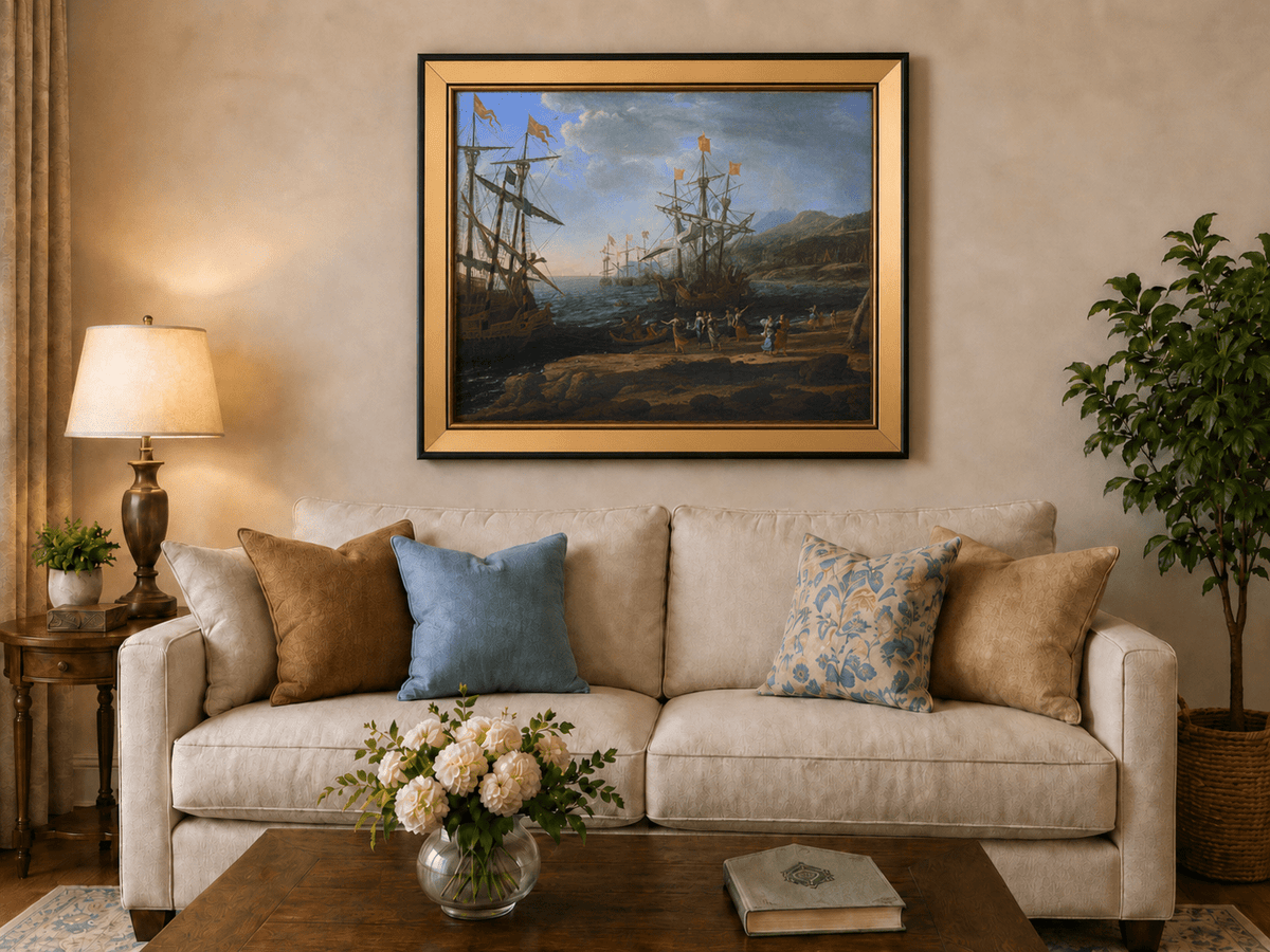 Peinture à l'huile de paysage - Bord de mer avec galions et personnages