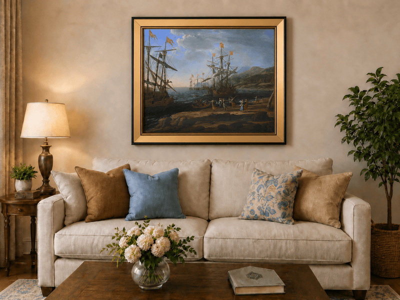 Peinture à l'huile de paysage - Bord de mer avec galions et personnages
