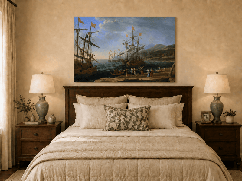 Peinture à l'huile de paysage - Bord de mer avec galions et personnages