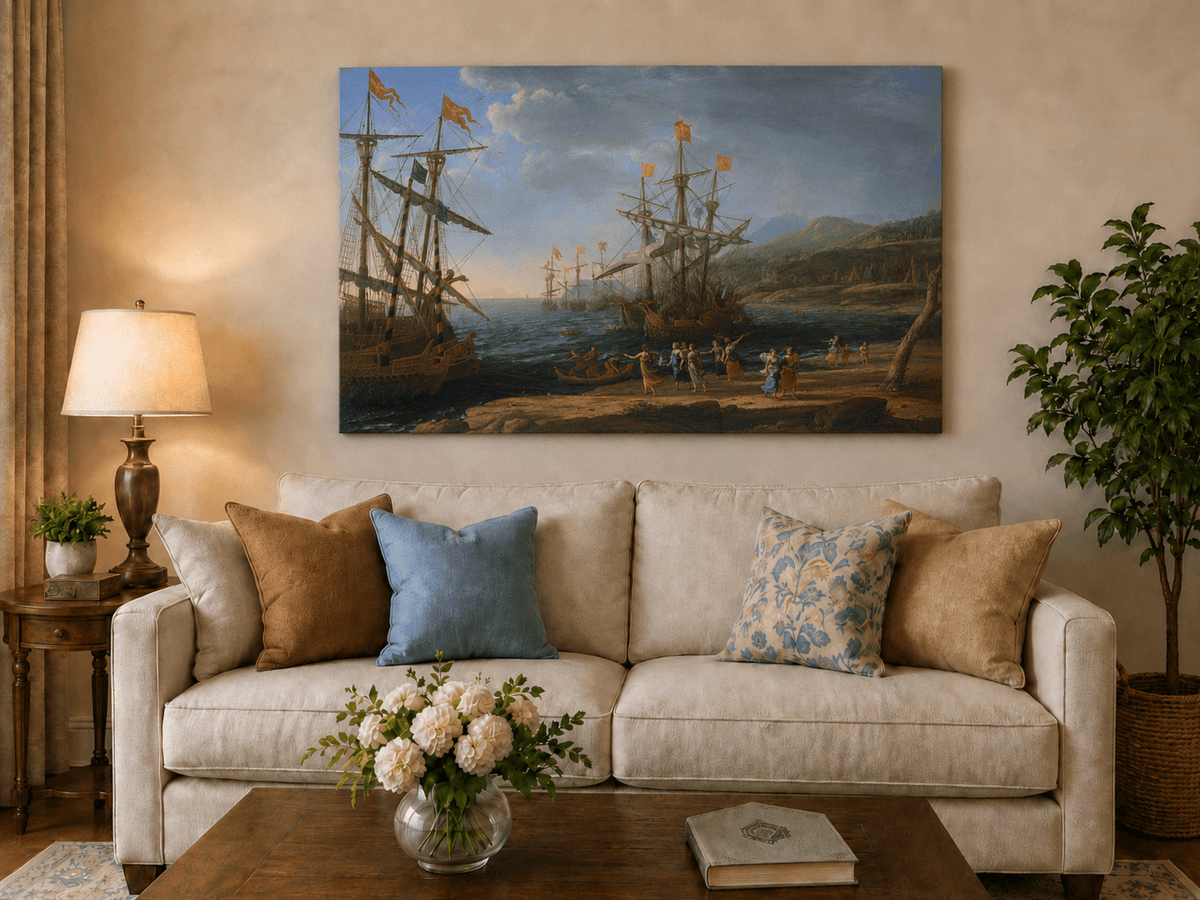 Peinture à l'huile de paysage - Bord de mer avec galions et personnages