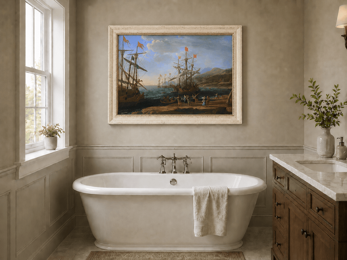 Peinture à l'huile de paysage - Bord de mer avec galions et personnages