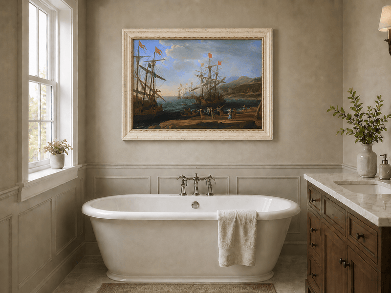 Peinture à l'huile de paysage - Bord de mer avec galions et personnages