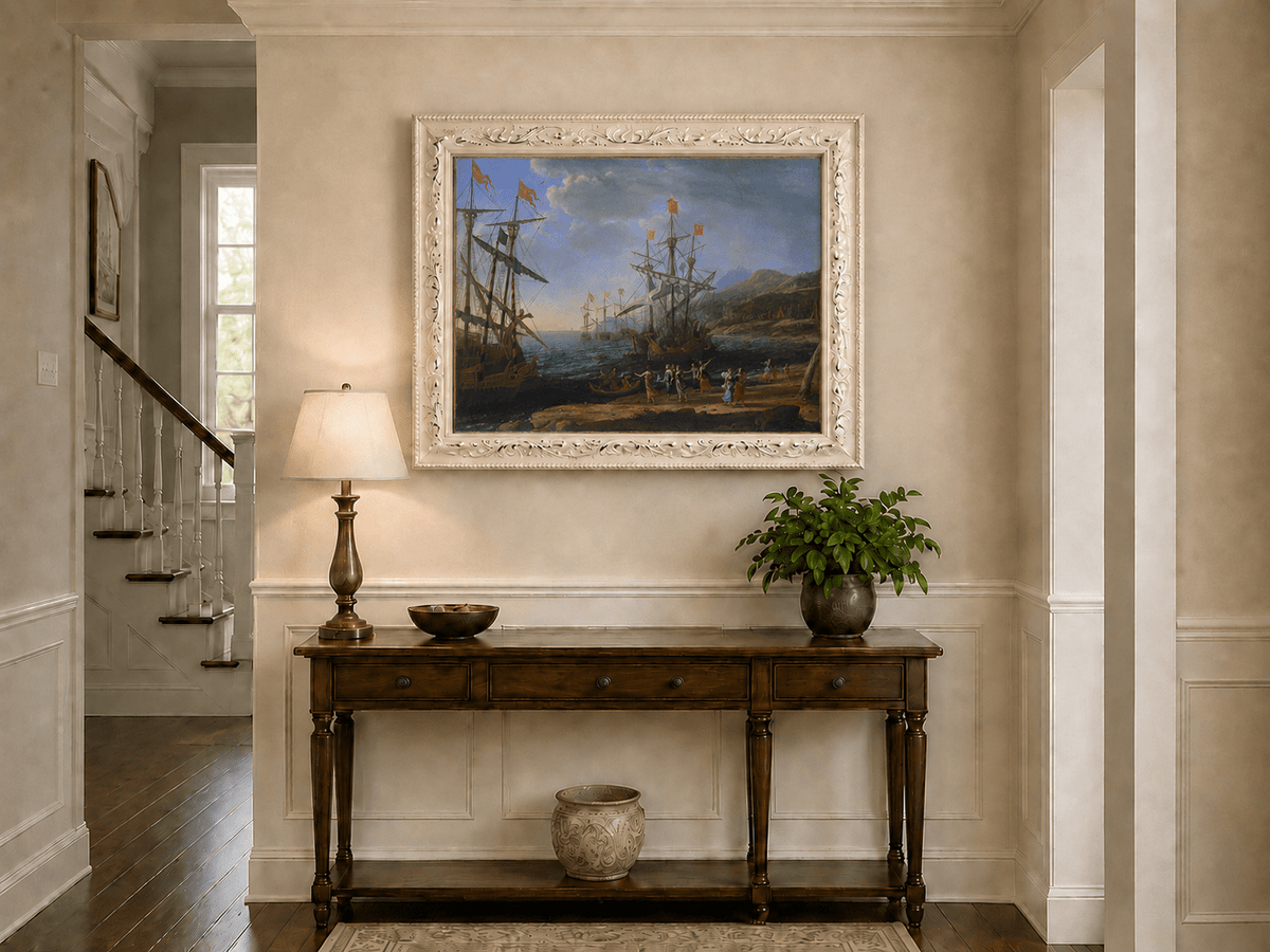 Peinture à l'huile de paysage - Bord de mer avec galions et personnages