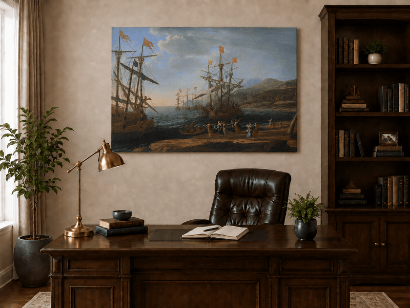 Peinture à l'huile de paysage - Bord de mer avec galions et personnages