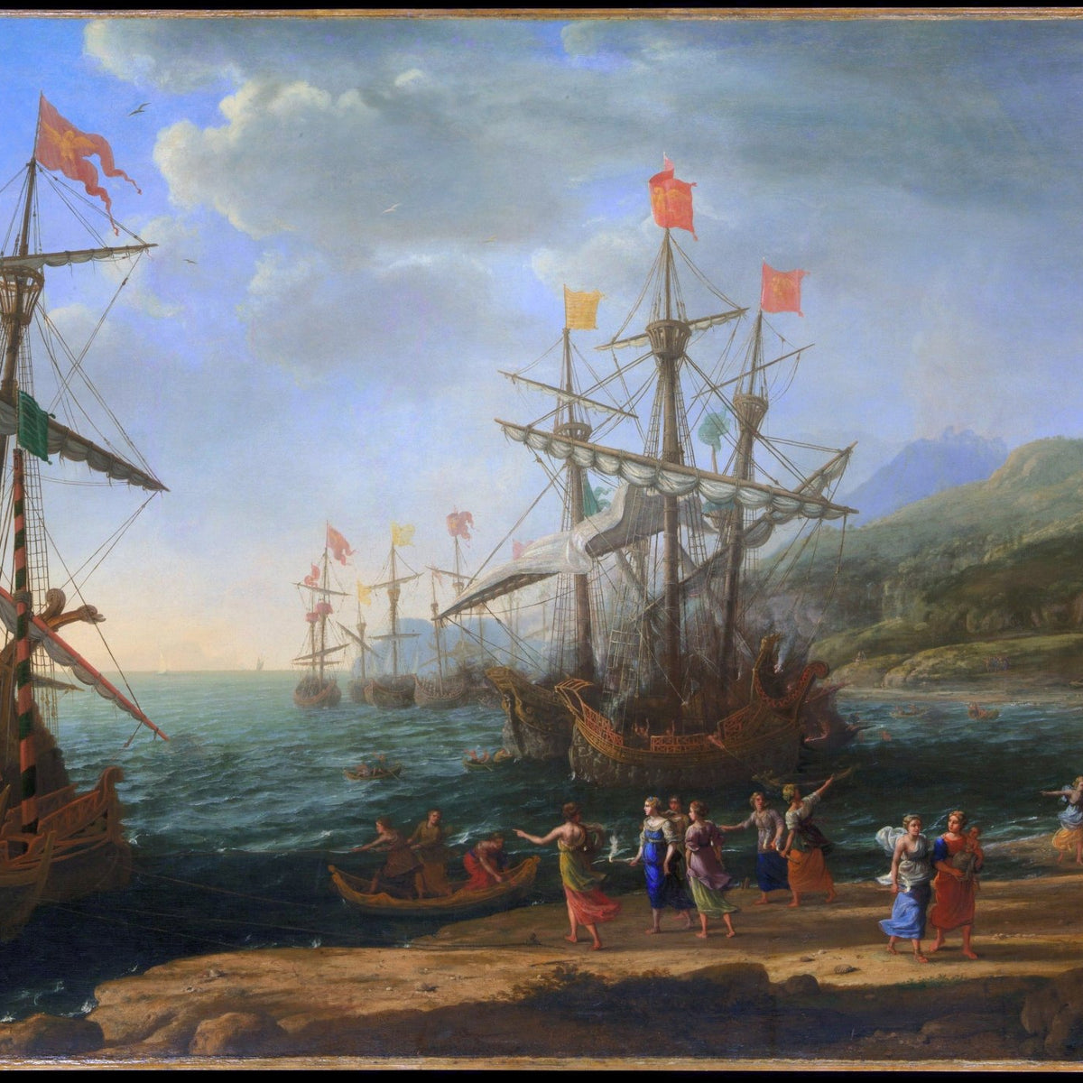 Peinture à l'huile de paysage - Bord de mer avec galions et personnages