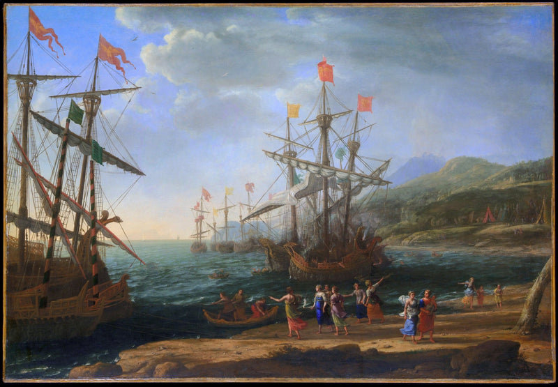 Peinture à l'huile de paysage - Bord de mer avec galions et personnages