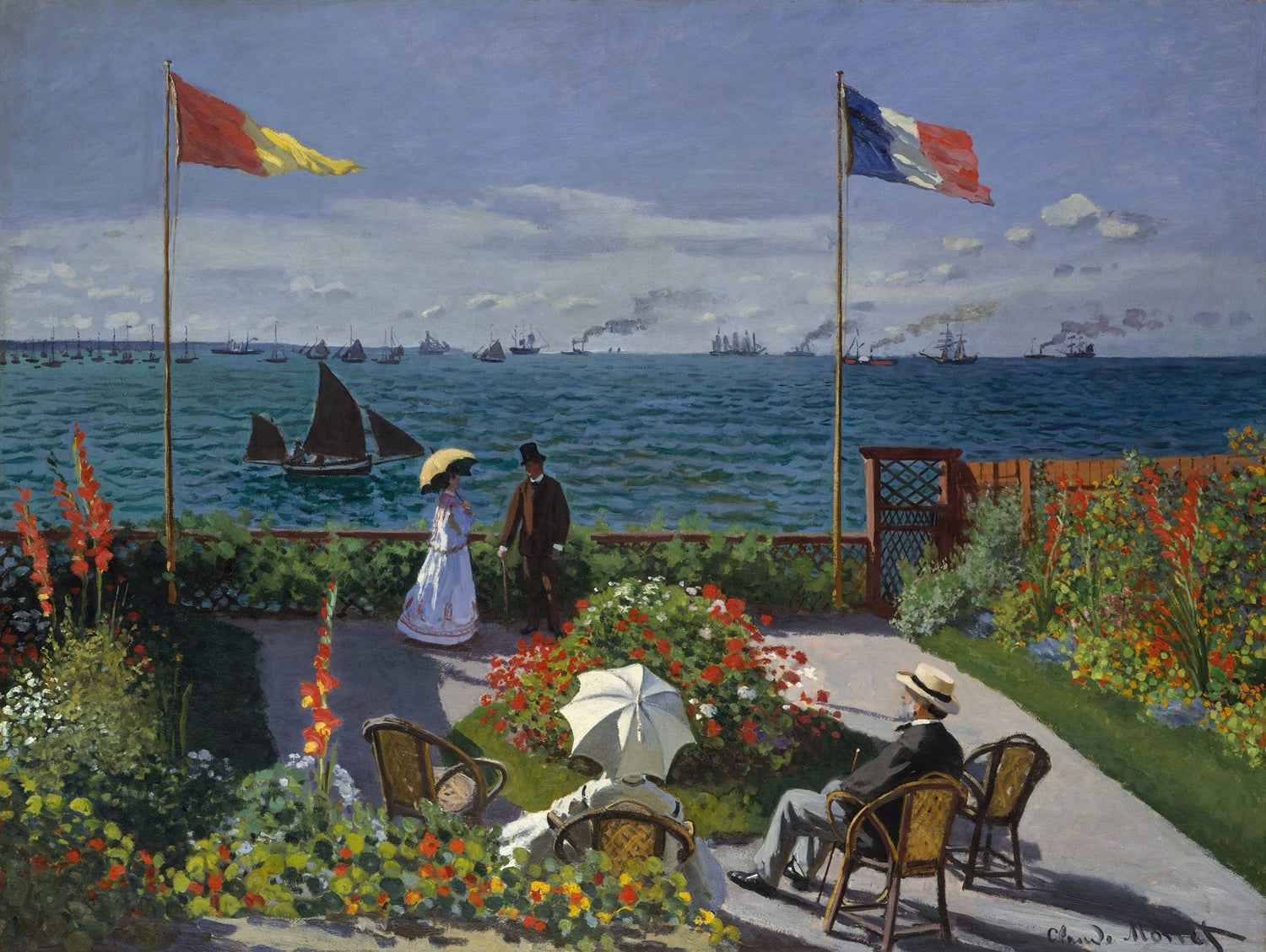 Landscape Oil Painting - Seaside Garden with Flags and Sailboats - Oil Painting Haven