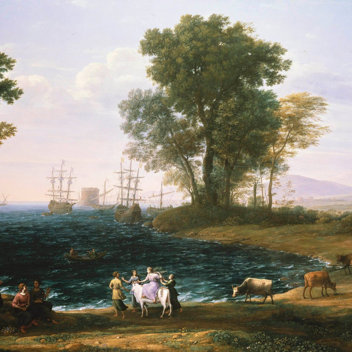 Landscape Oil Painting - Seaside Harbor with Ships and Cattle - Oil Painting Haven