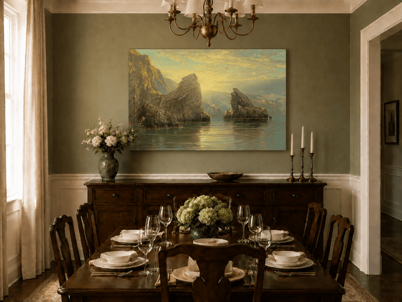 Unframed hand-painted seascape oil painting with rock cliffs, calm water and glowing skies displayed above a formal dining table.