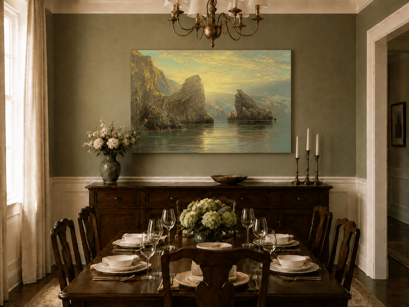 Unframed hand-painted seascape oil painting with rock cliffs, calm water and glowing skies displayed above a formal dining table.