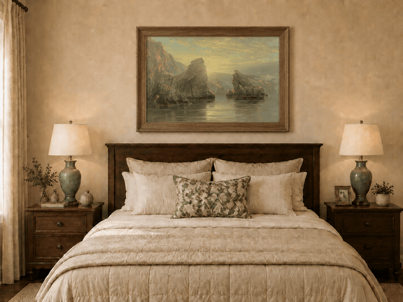 Framed hand-painted seascape oil painting with rock cliffs, calm water and glowing skies displayed above a wooden bed in a neutral bedroom.