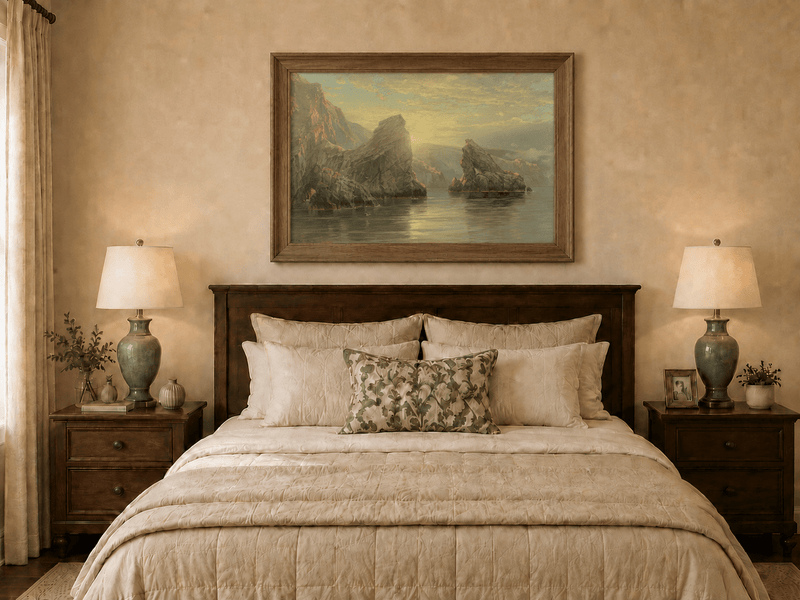 Framed hand-painted seascape oil painting with rock cliffs, calm water and glowing skies displayed above a wooden bed in a neutral bedroom.