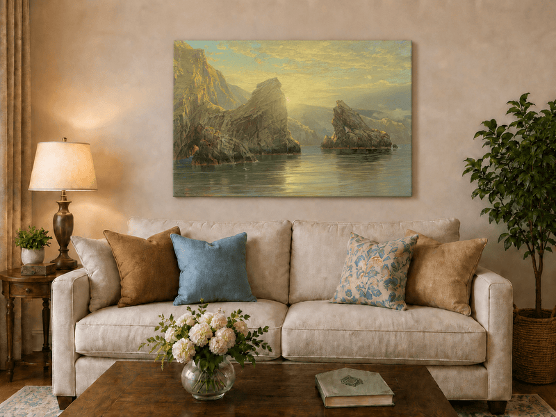 Unframed hand-painted seascape oil painting with rock cliffs, calm water and glowing skies displayed above a neutral living room sofa.