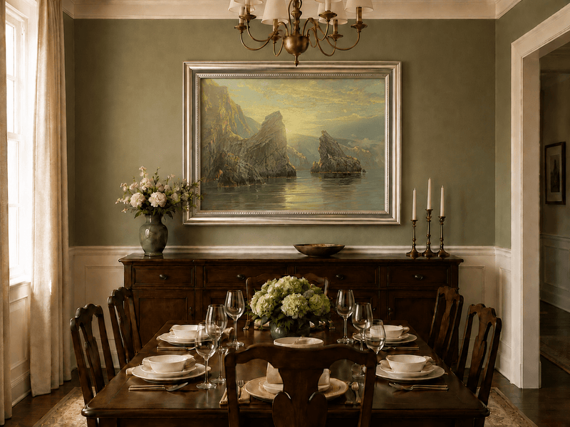 Framed hand-painted seascape oil painting with rock cliffs, calm water and glowing skies displayed above a formal dining table.