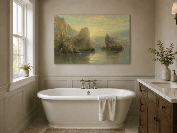 Unframed hand-painted seascape oil painting with rock cliffs, calm water and glowing skies displayed above a freestanding bathtub.