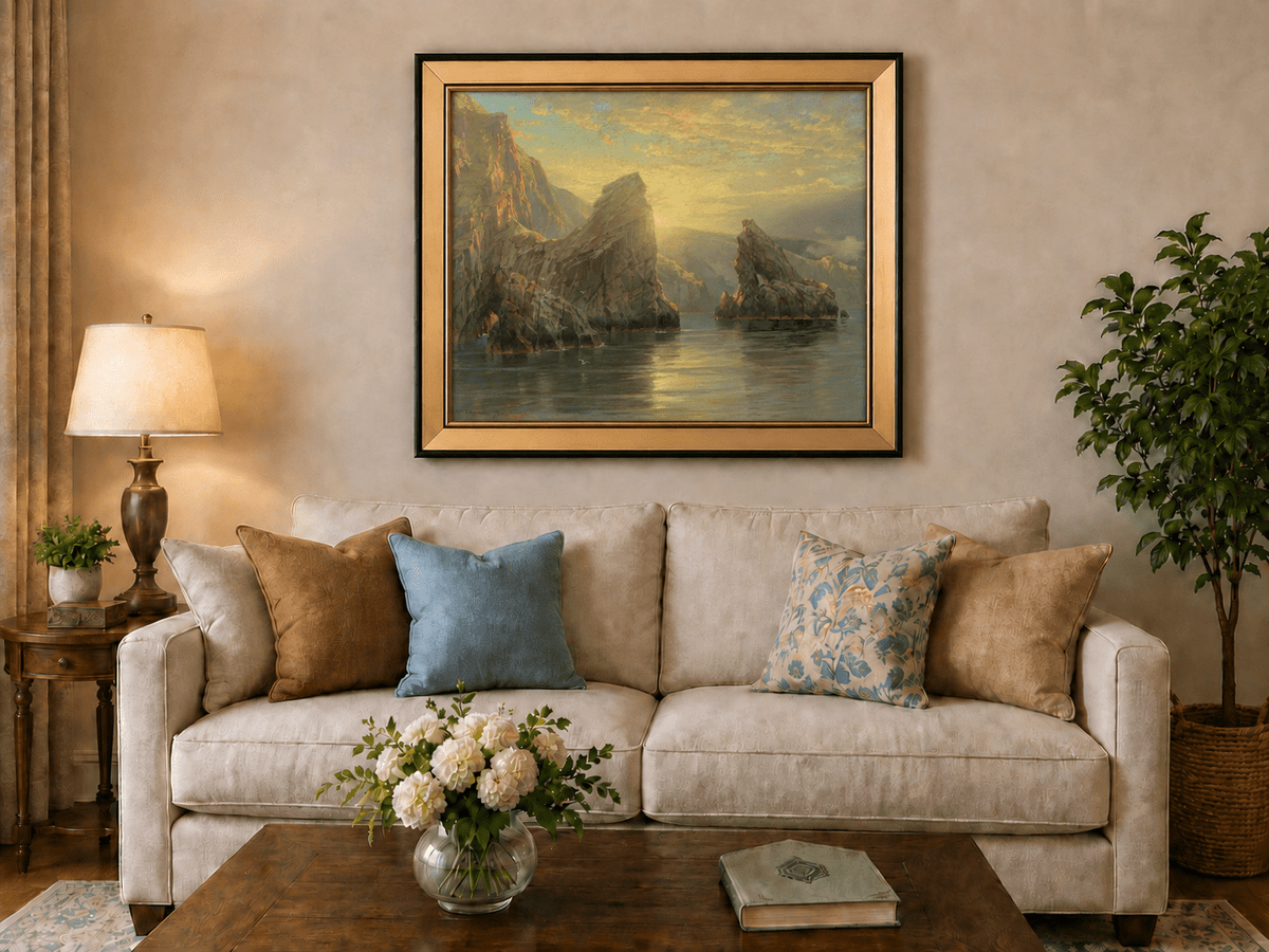 Framed hand-painted seascape oil painting with rock cliffs, calm water and glowing skies displayed above a neutral living room sofa.
