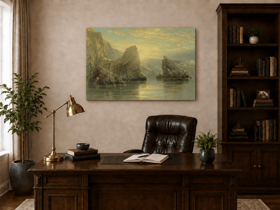 Unframed hand-painted seascape oil painting with rock cliffs, calm water and glowing skies displayed above a traditional home office desk.