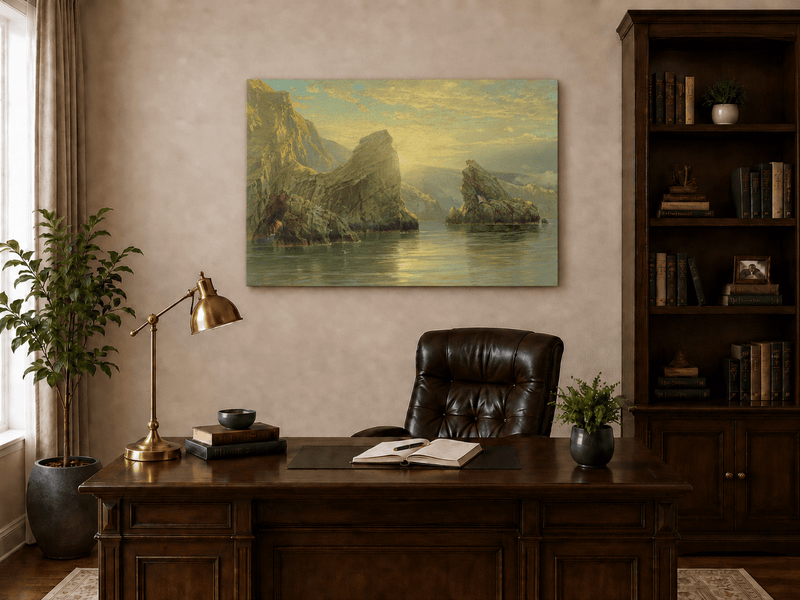 Unframed hand-painted seascape oil painting with rock cliffs, calm water and glowing skies displayed above a traditional home office desk.