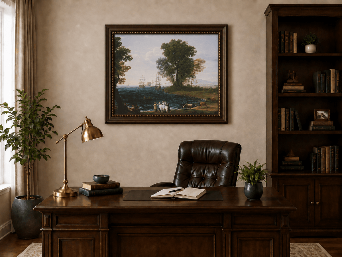 Peinture à l'huile de paysage - Bord de mer avec navires, personnages et bétail