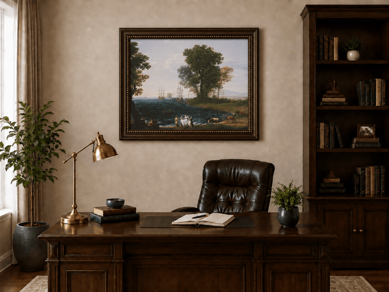 Peinture à l'huile de paysage - Bord de mer avec navires, personnages et bétail