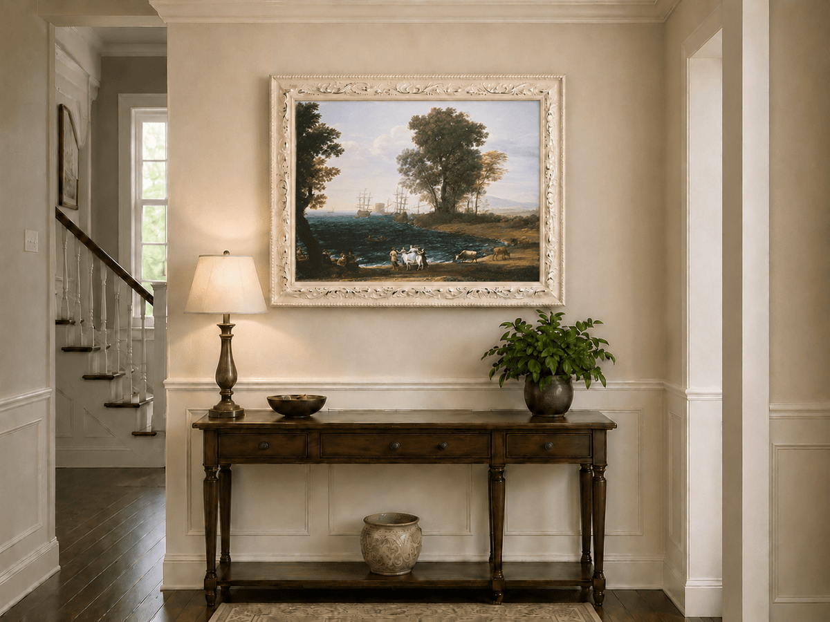 Peinture à l'huile de paysage - Bord de mer avec navires, personnages et bétail
