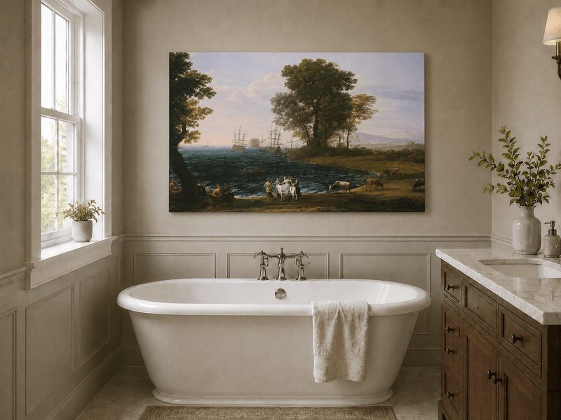 Peinture à l'huile de paysage - Bord de mer avec navires, personnages et bétail