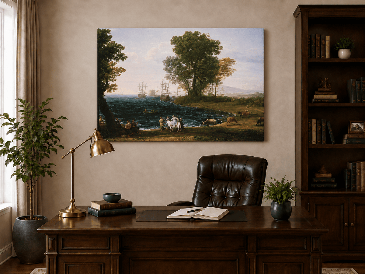 Peinture à l'huile de paysage - Bord de mer avec navires, personnages et bétail