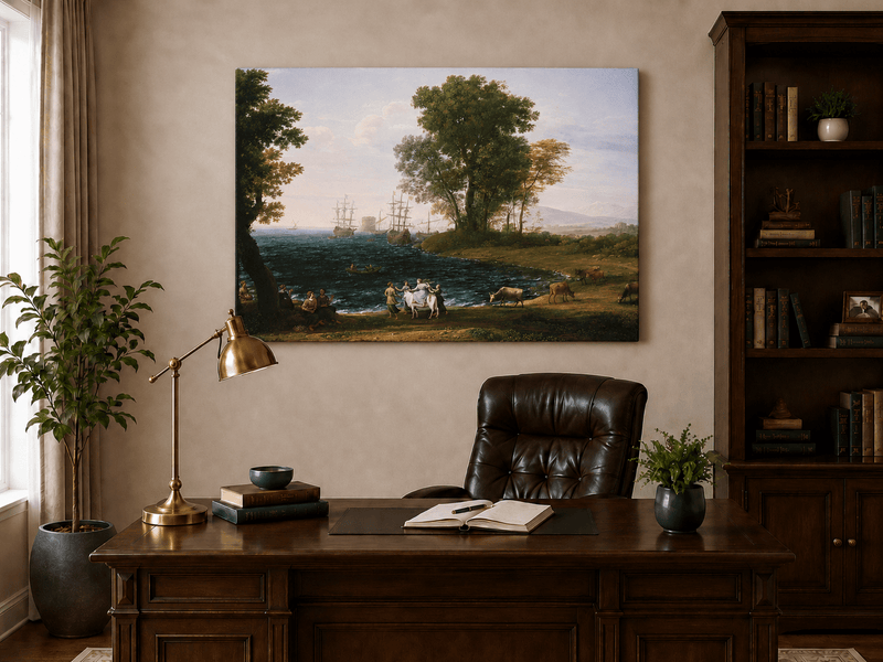Peinture à l'huile de paysage - Bord de mer avec navires, personnages et bétail