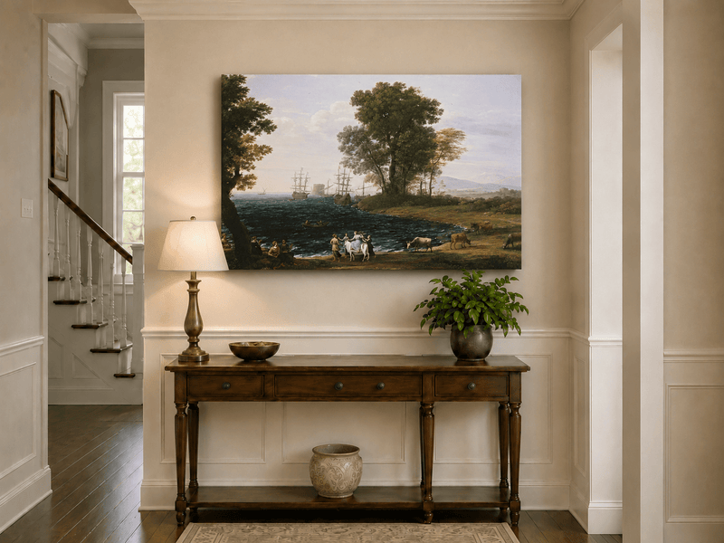 Peinture à l'huile de paysage - Bord de mer avec navires, personnages et bétail