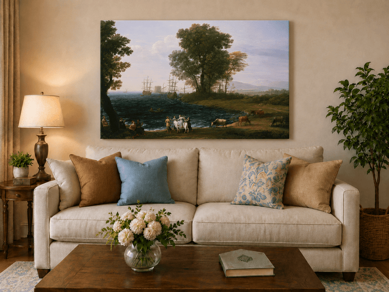 Peinture à l'huile de paysage - Bord de mer avec navires, personnages et bétail