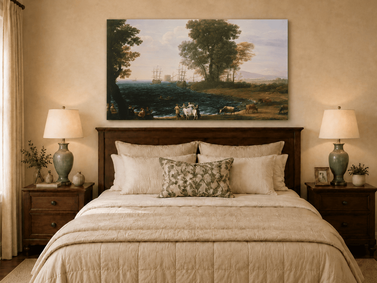 Peinture à l'huile de paysage - Bord de mer avec navires, personnages et bétail