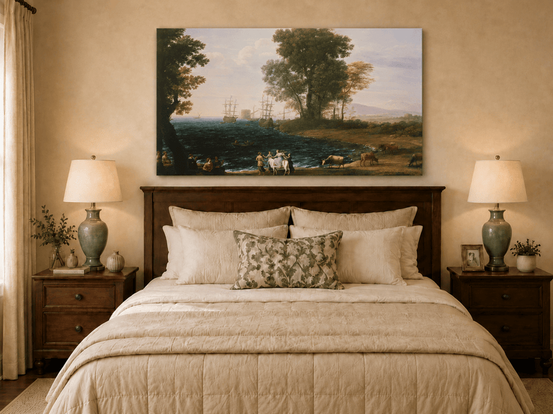 Peinture à l'huile de paysage - Bord de mer avec navires, personnages et bétail