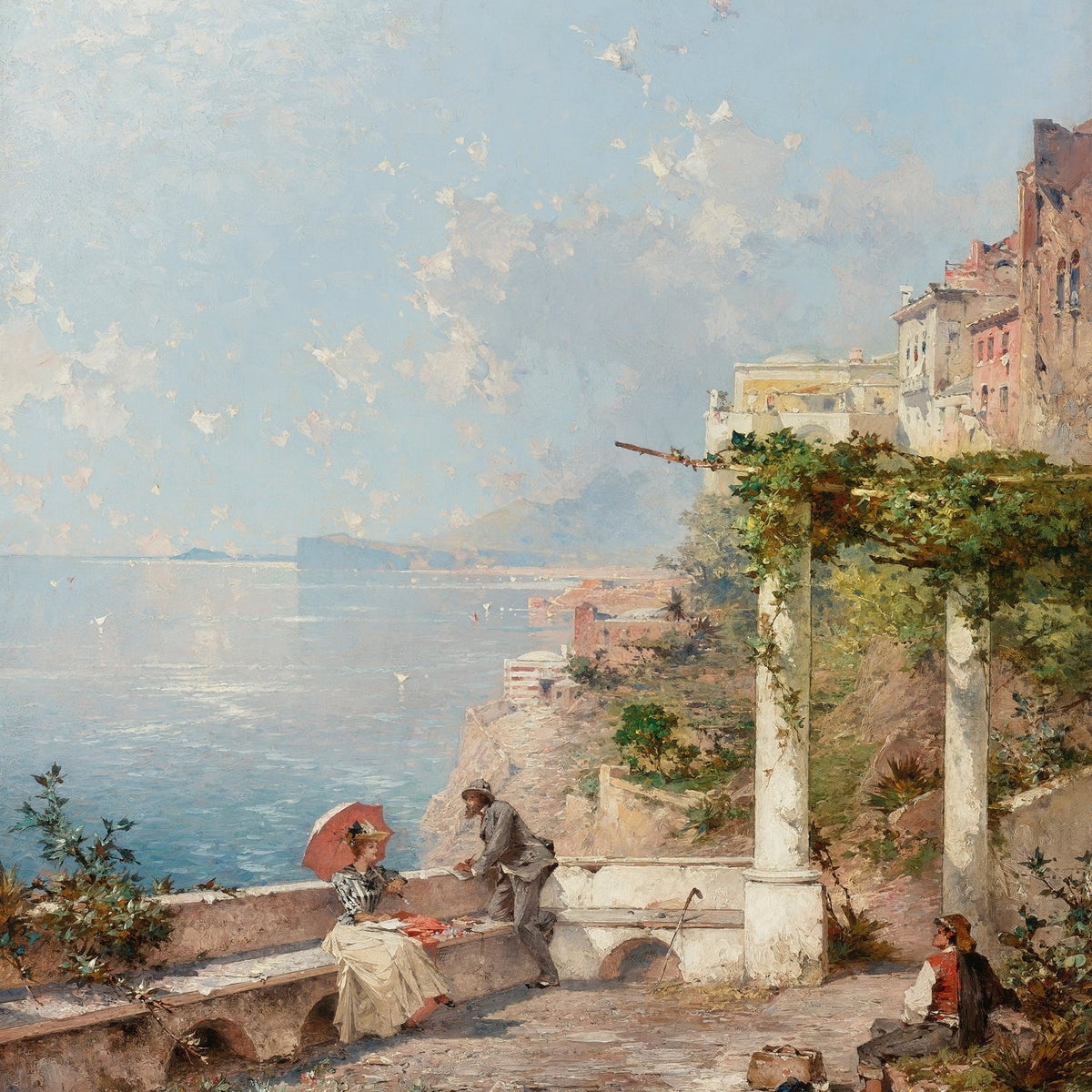 Hand-painted seaside terrace and mediterranean coast landscape oil painting on canvas