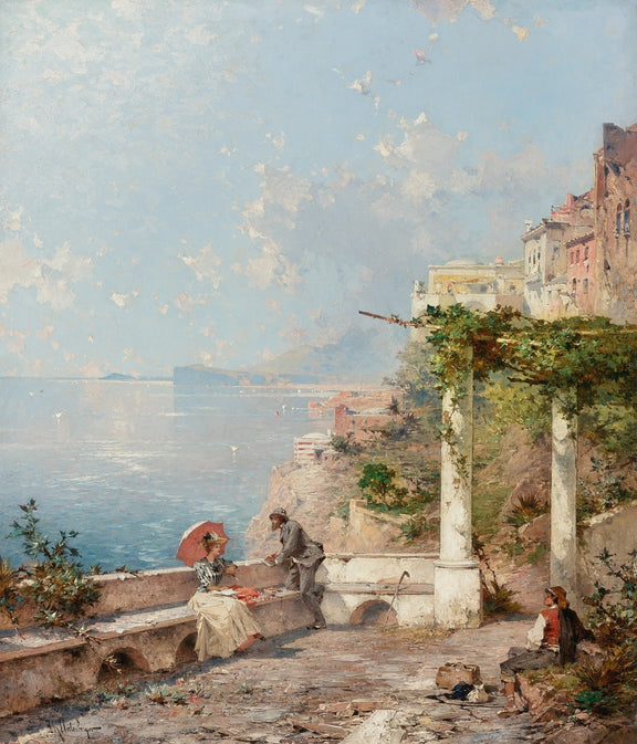 Hand-painted seaside terrace and mediterranean coast landscape oil painting on canvas