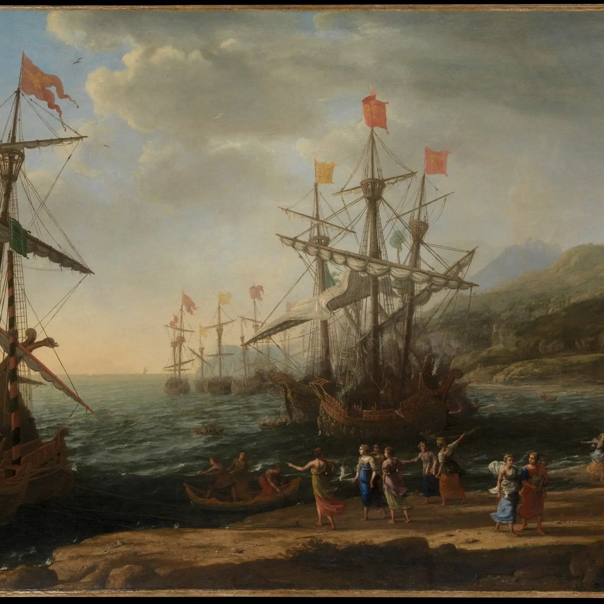 Landscape Oil Painting - Seaside with Galleons and Figures Wall Art - Oil Painting Haven