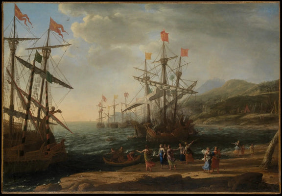Landscape Oil Painting - Seaside with Galleons and Figures Wall Art - Oil Painting Haven