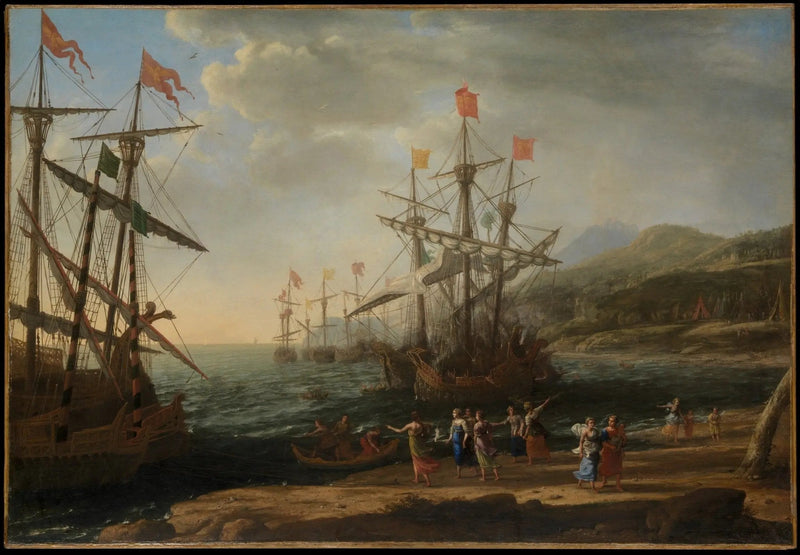 Landscape Oil Painting - Seaside with Galleons and Figures Wall Art - Oil Painting Haven