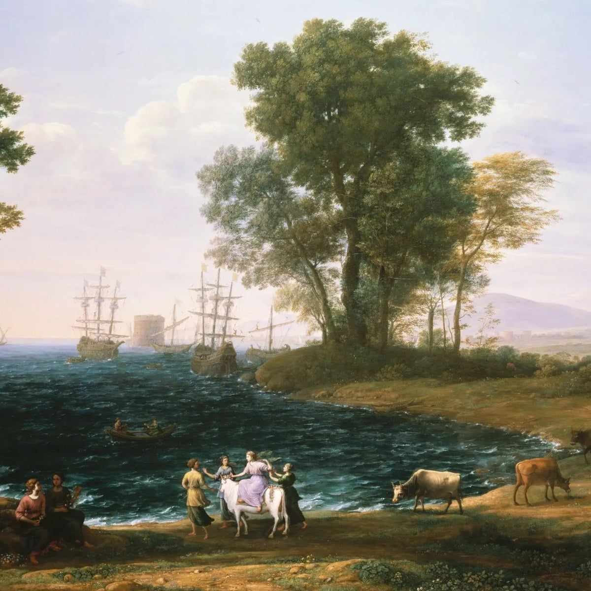 Landscape Oil Painting - Seaside with Ships, Figures and Cattle Wall Art - Oil Painting Haven