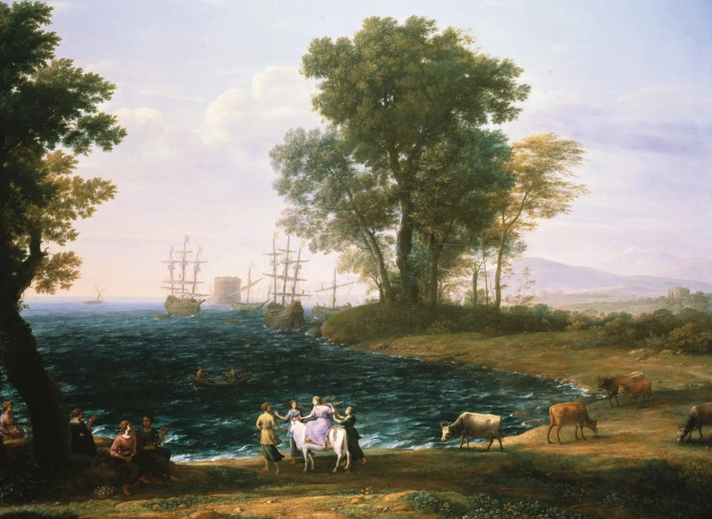 Landscape Oil Painting - Seaside with Ships, Figures and Cattle Wall Art - Oil Painting Haven