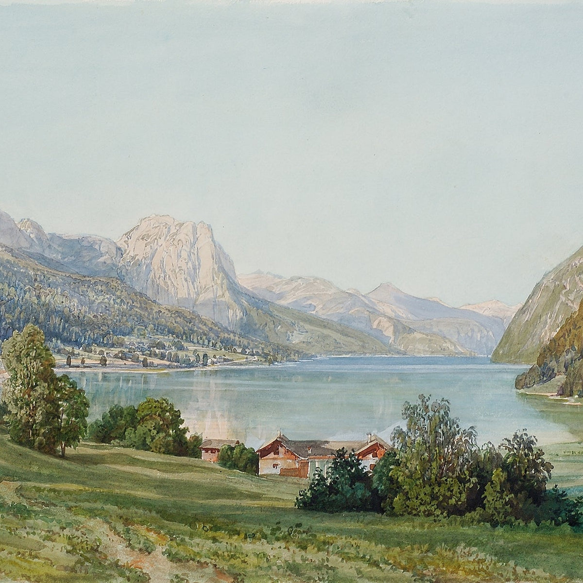 Hand-painted serene alpine lake and meadow village landscape oil painting on canvas