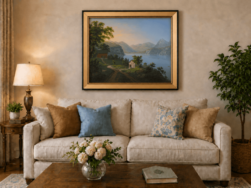 Landscape Oil Painting - Serene Lake Cottage and Mountain View