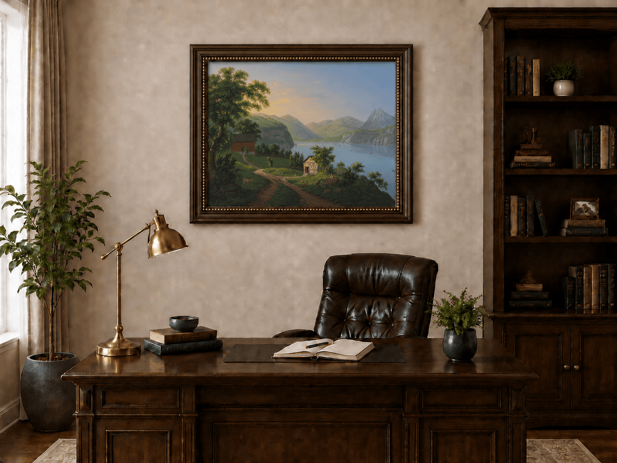 Landscape Oil Painting - Serene Lake Cottage and Mountain View