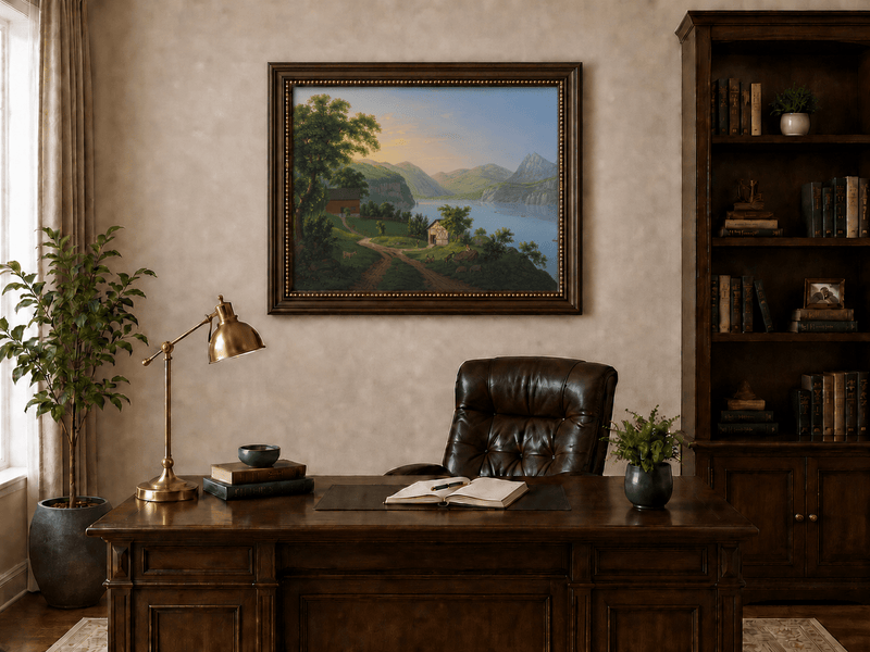 Landscape Oil Painting - Serene Lake Cottage and Mountain View