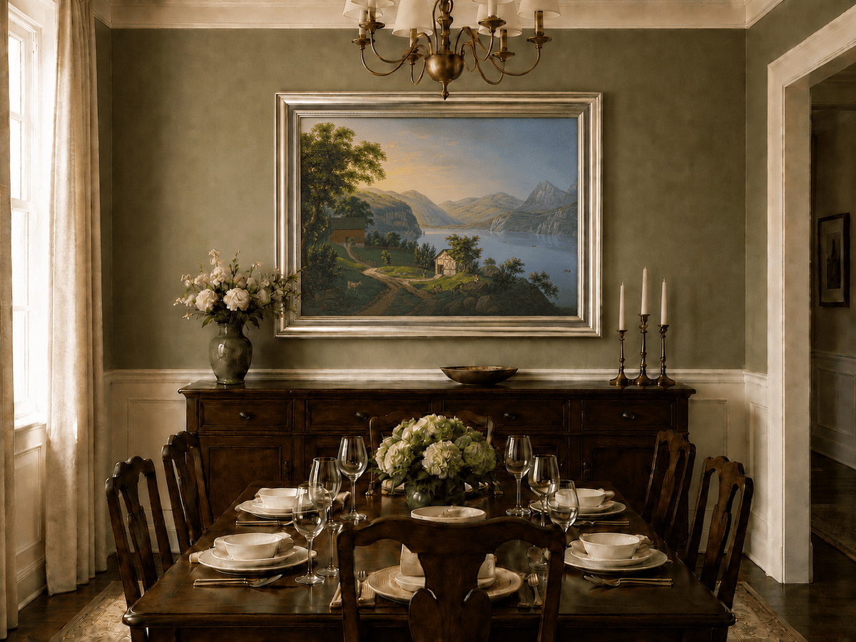Landscape Oil Painting - Serene Lake Cottage and Mountain View