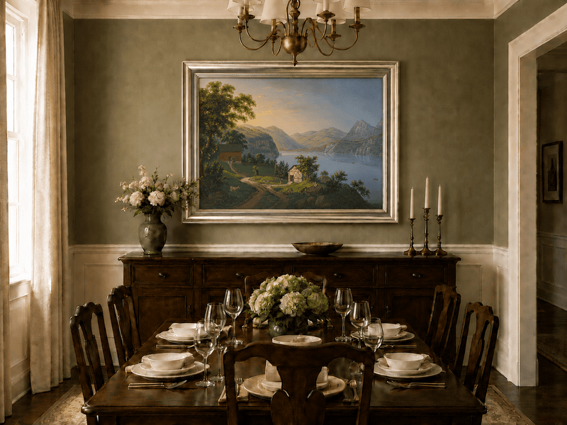 Landscape Oil Painting - Serene Lake Cottage and Mountain View