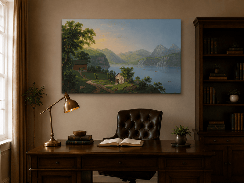 Landscape Oil Painting - Serene Lake Cottage and Mountain View