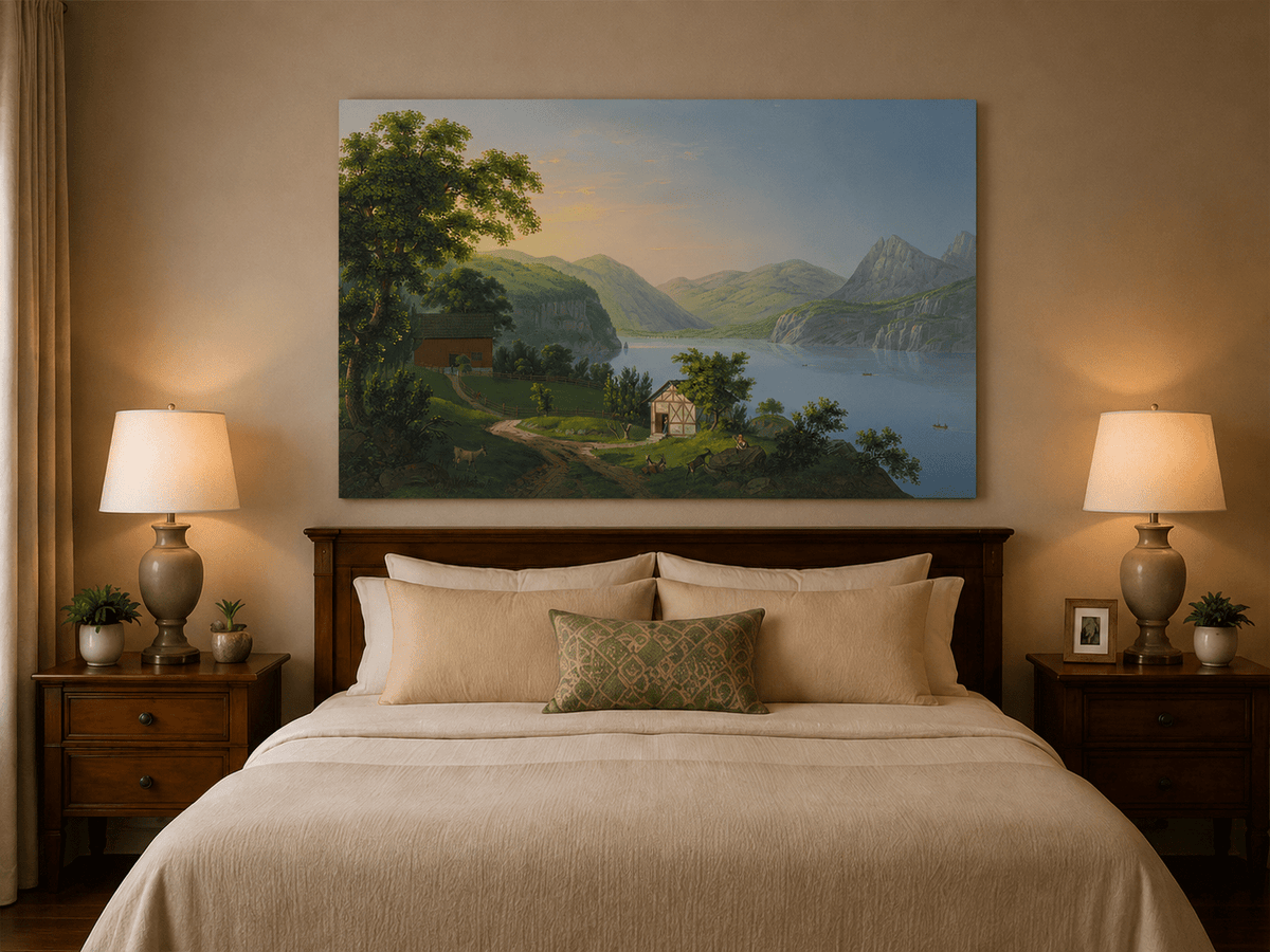 Landscape Oil Painting - Serene Lake Cottage and Mountain View