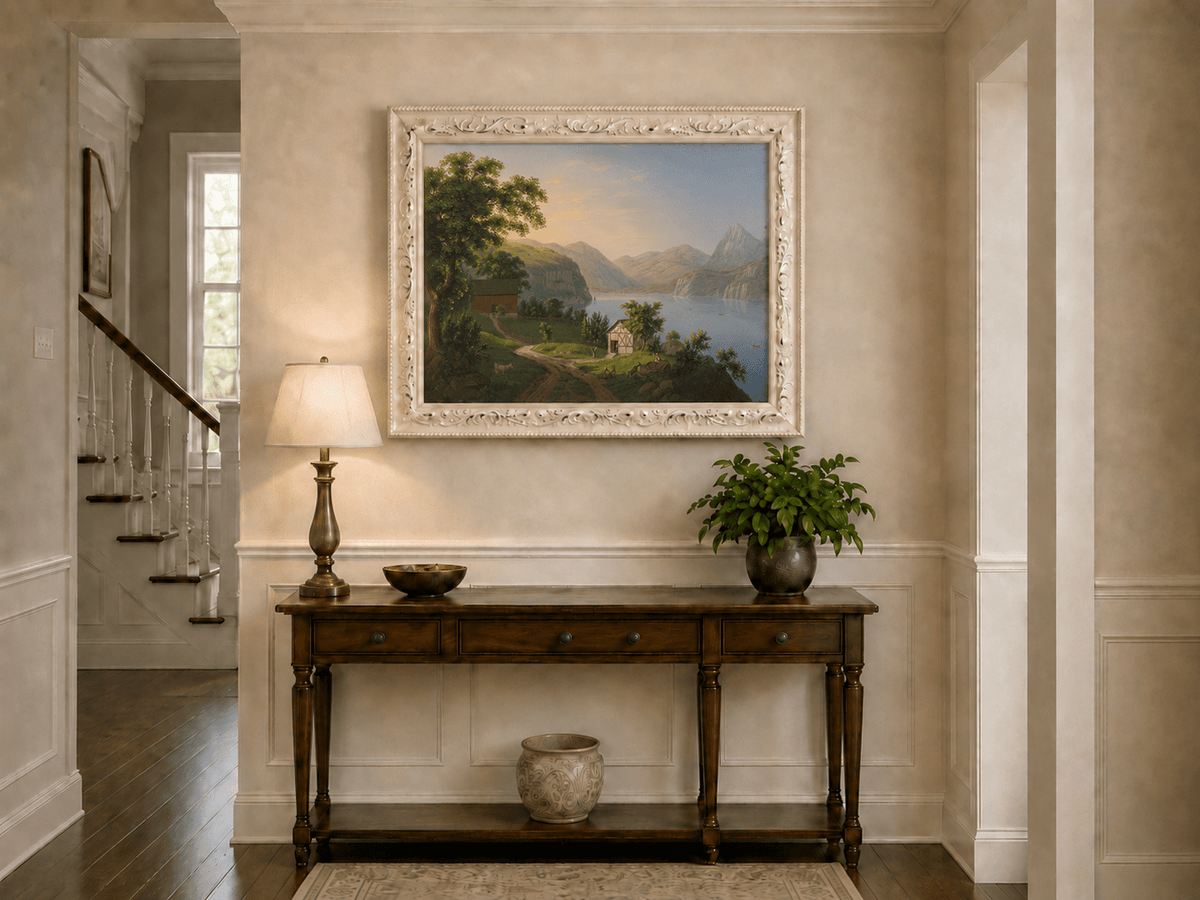 Landscape Oil Painting - Serene Lake Cottage and Mountain View